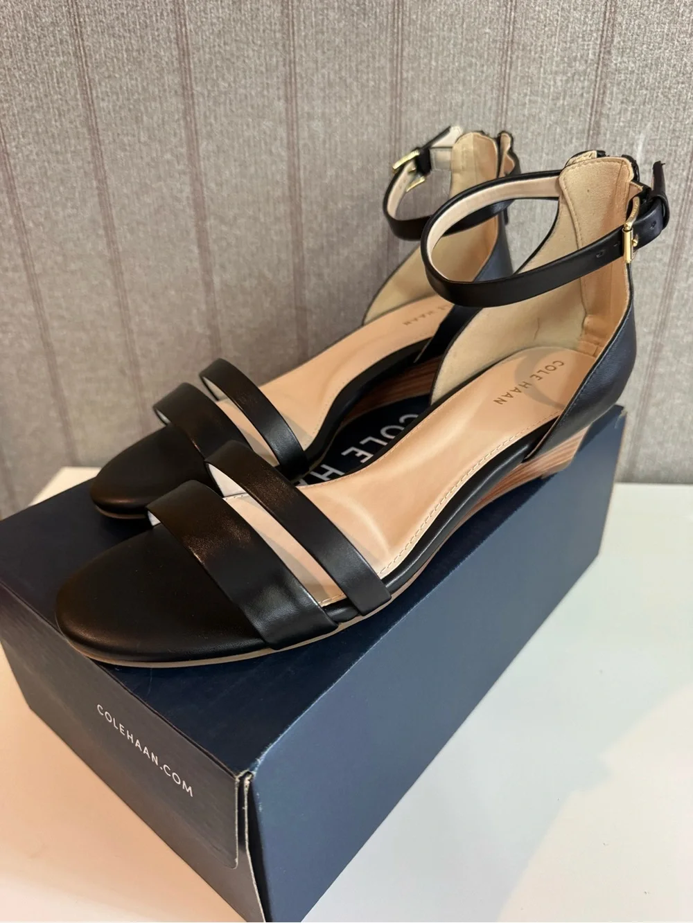 Size 7 Cole Haan Abriella Leather Wedge Sandals, W19578 Black